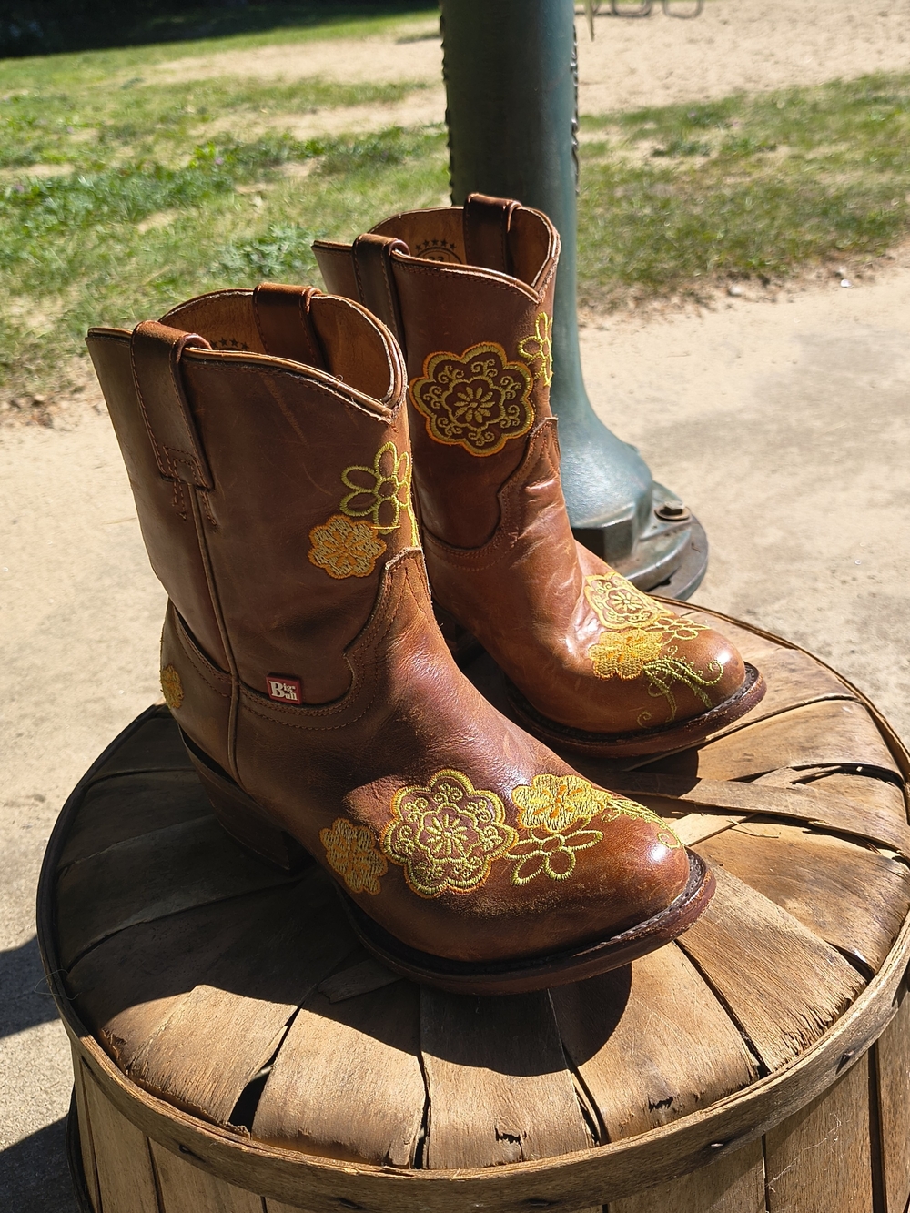 Women's Brown Embroidered Western Ankle Booties with Yellow Floral Accents
